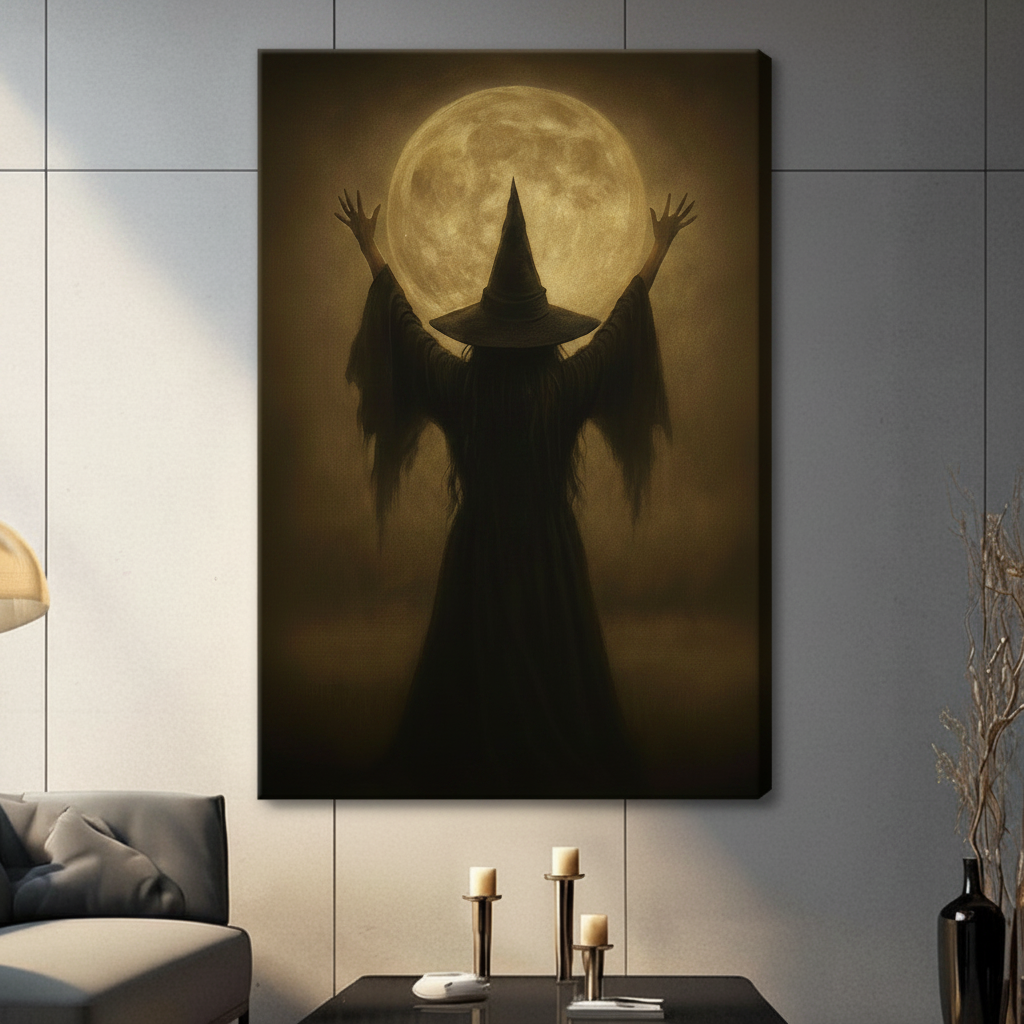 Gallery wrapped canvas featuring a dramatic witch silhouette backlit by a golden full moon, styled in a contemporary living room with candles