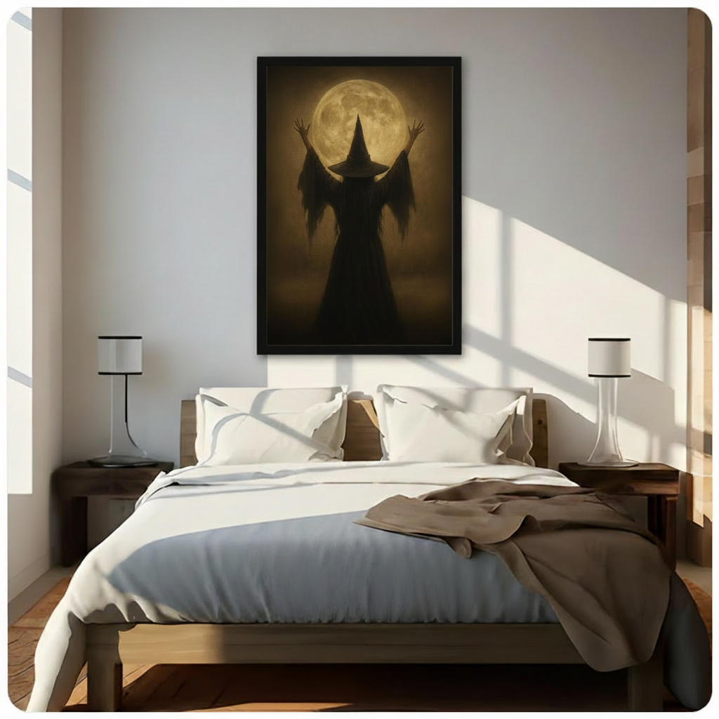 Black framed gothic witch silhouette canvas wall art hung above a bed in a bright bedroom, depicting a witch summoning power beneath a full moon
