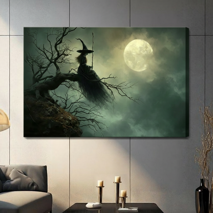 Spooky Halloween witch moonlit night canvas print on gray wall in contemporary living room with gray sofa and candlestick decor
