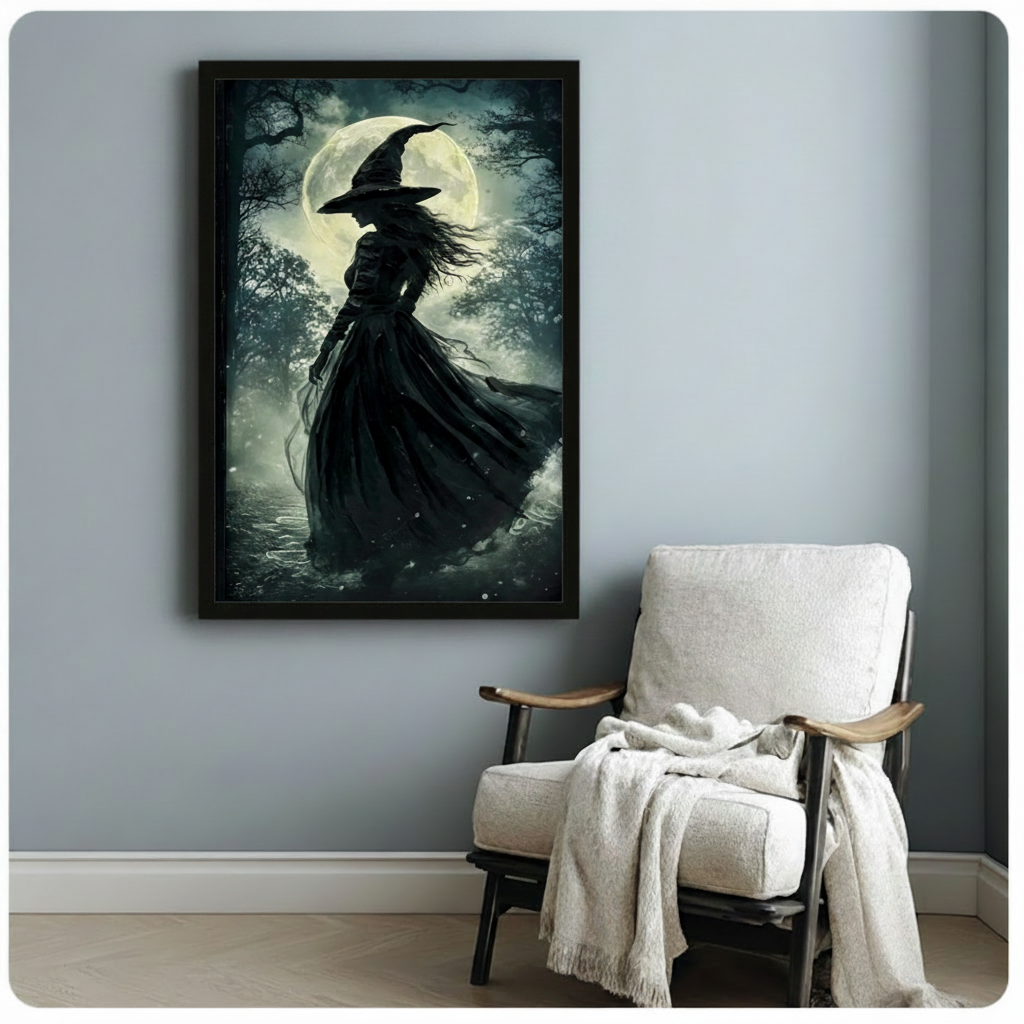 Dark witch moonlit forest art print in black frame on blue-gray wall beside white armchair, gothic fantasy wall decor for bedroom or study