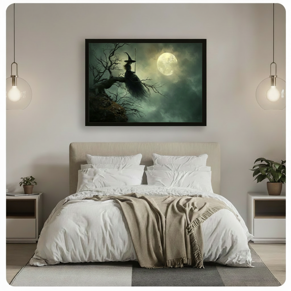 Mysterious witch moonlight gothic wall art in black frame above bed in neutral bedroom with white linen bedding, potted plants, and globe pendant lights