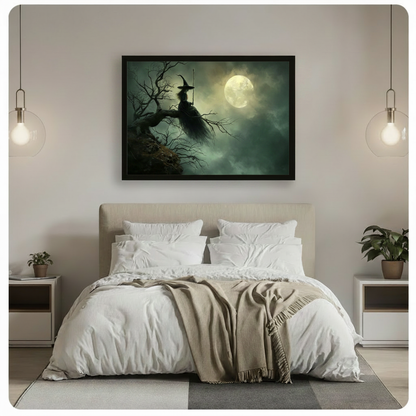 Mysterious witch moonlight gothic wall art in black frame above bed in neutral bedroom with white linen bedding, potted plants, and globe pendant lights