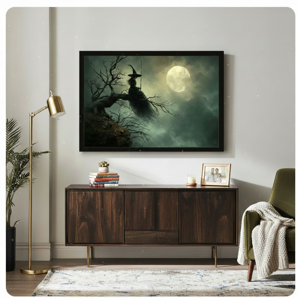 Halloween witch full moon dark fantasy art print in black frame above walnut sideboard in eclectic living room with gold floor lamp and green armchair