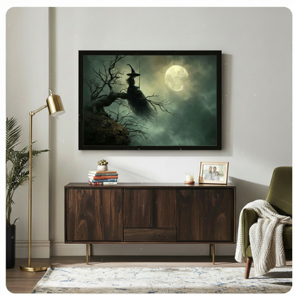 Halloween witch full moon dark fantasy art print in black frame above walnut sideboard in eclectic living room with gold floor lamp and green armchair