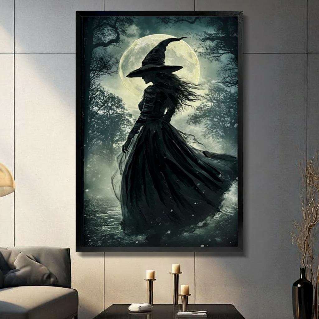 Gothic witch silhouette framed wall art in black frame above sofa, dark fantasy moonlit forest print for moody living room decor