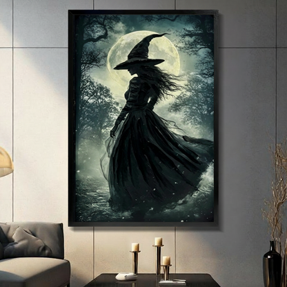 Gothic witch silhouette framed wall art in black frame above sofa, dark fantasy moonlit forest print for moody living room decor