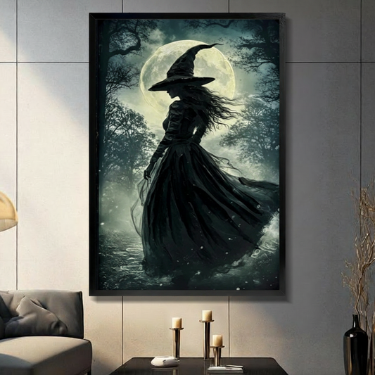 Gothic witch silhouette framed wall art in black frame above sofa, dark fantasy moonlit forest print for moody living room decor