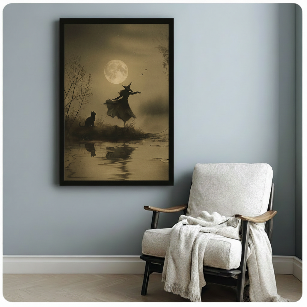 Dark gothic framed art print of a witch silhouette dancing near a moonlit lake, styled above a cozy armchair in a blue-grey room