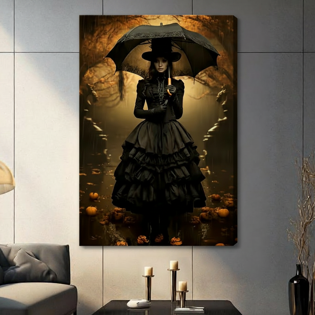 Victorian gothic witch with black layered ruffle dress, wide-brim hat, and gold-handle lace parasol standing on reflective water in glowing amber Halloween forest with pumpkins canvas wall art print hanging in a contemporary living room with dark gray tiled wall