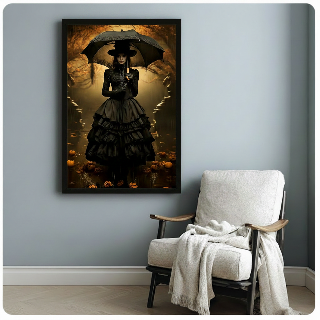 Mysterious dark gothic woman in Victorian black tiered gown and black lace umbrella surrounded by glowing pumpkins in enchanted amber autumn woodland framed art poster displayed beside a white fabric lounge chair with draped throw blanket against a soft blue-gray wall
