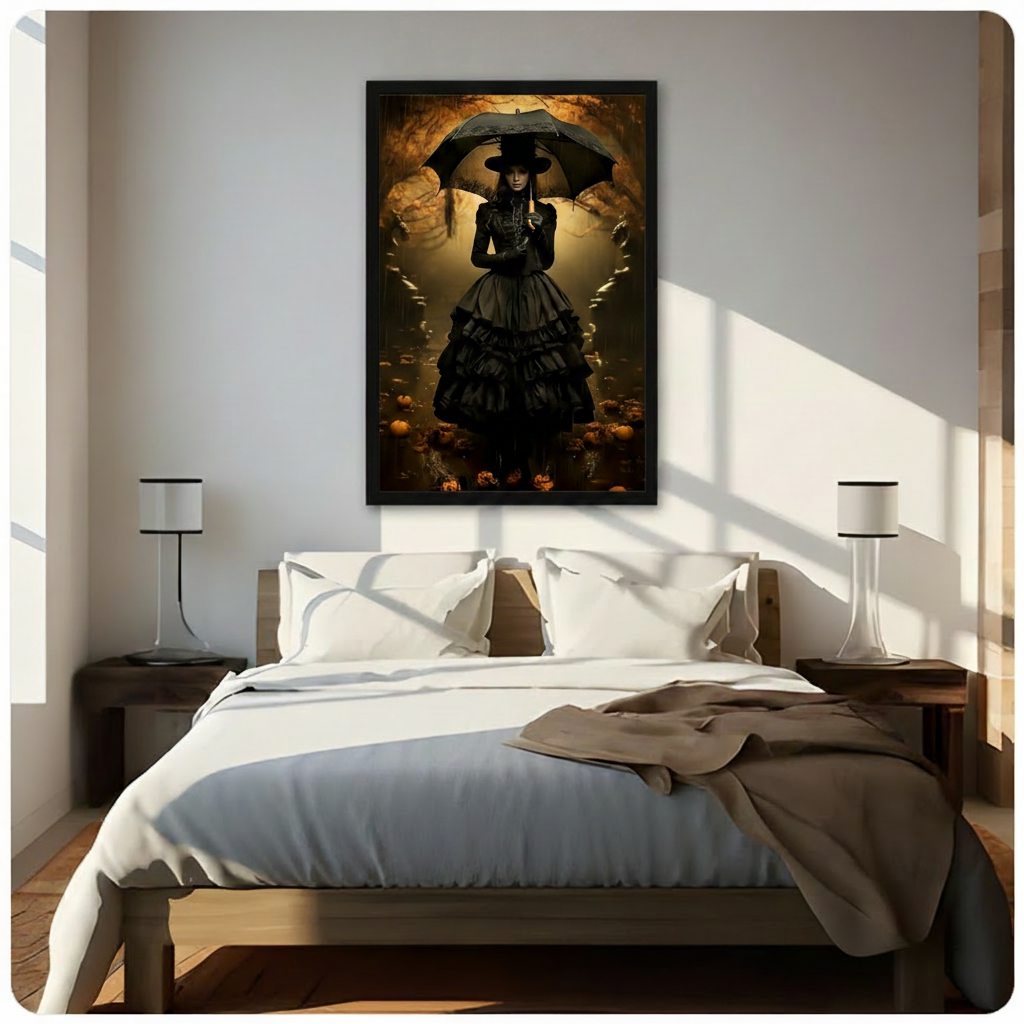 Dark academia gothic witch in Victorian layered black gown holding lace parasol in golden autumn forest with pumpkins framed wall art print hanging above a modern bedroom bed with white linen bedding, dark wood nightstands, and minimalist white table lamps