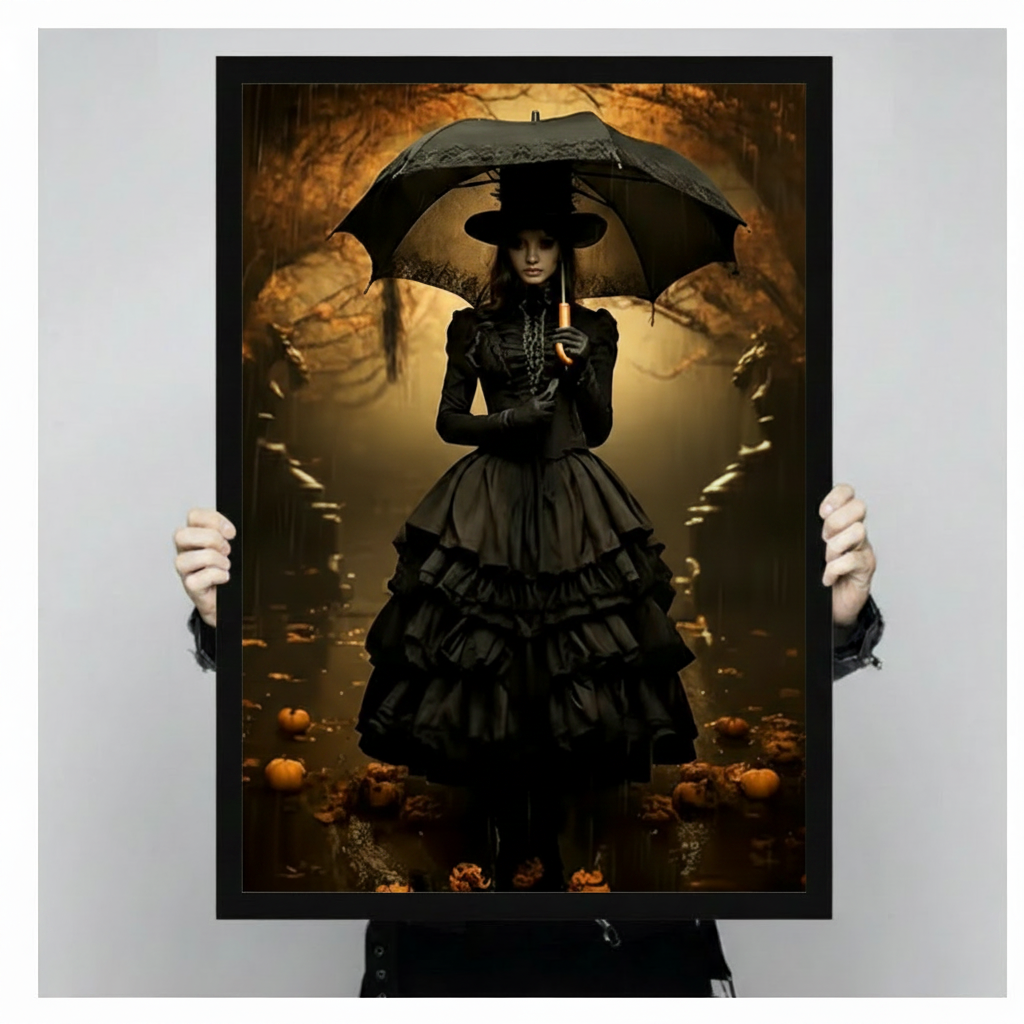 Gothic Victorian witch in black ruffled dress with wide-brim hat and gold-handle lace umbrella in glowing amber pumpkin forest dark academia digital art framed wall art print held up for size reference against a light gray neutral background