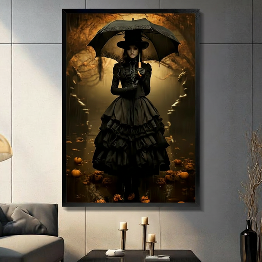 Dark academia gothic witch in Victorian black ruffled gown and wide-brim hat holding lace umbrella in golden amber autumn forest with scattered pumpkins framed wall art print displayed in a moody living room with gray sofa, pillar candle holders, and black decorative vase
