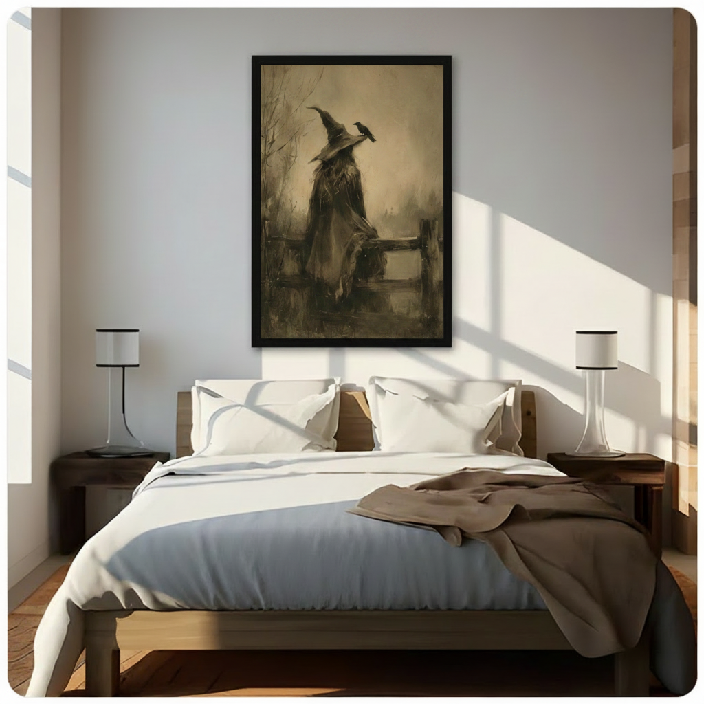 Gothic witch on fence with raven dark fantasy framed canvas art in black float frame above wooden bed with white bedding in sunlit modern bedroom