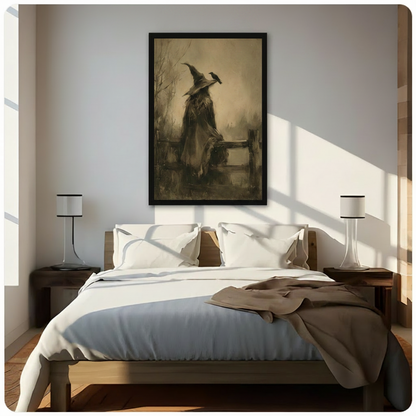 Gothic witch on fence with raven dark fantasy framed canvas art in black float frame above wooden bed with white bedding in sunlit modern bedroom