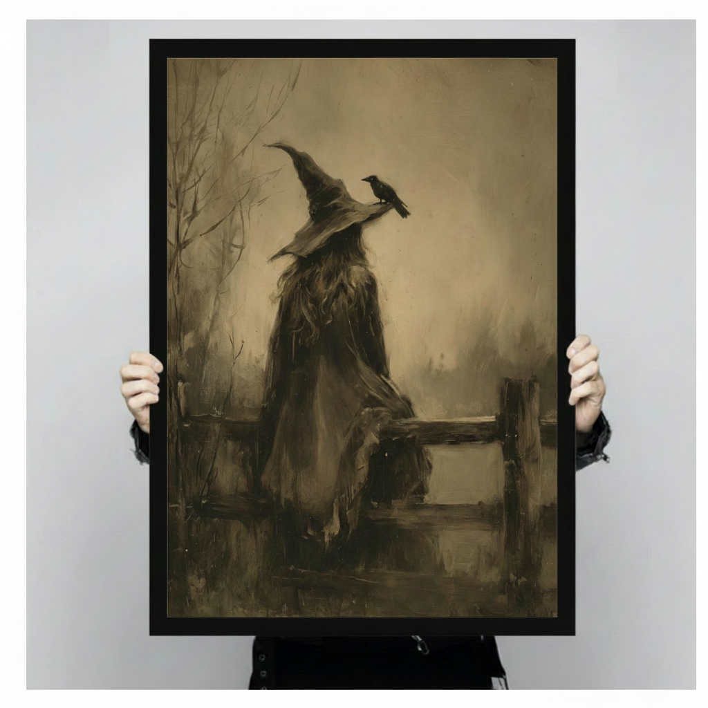 Gothic witch with raven on hat brim antique sepia sketch in black float frame held by person against light gray background