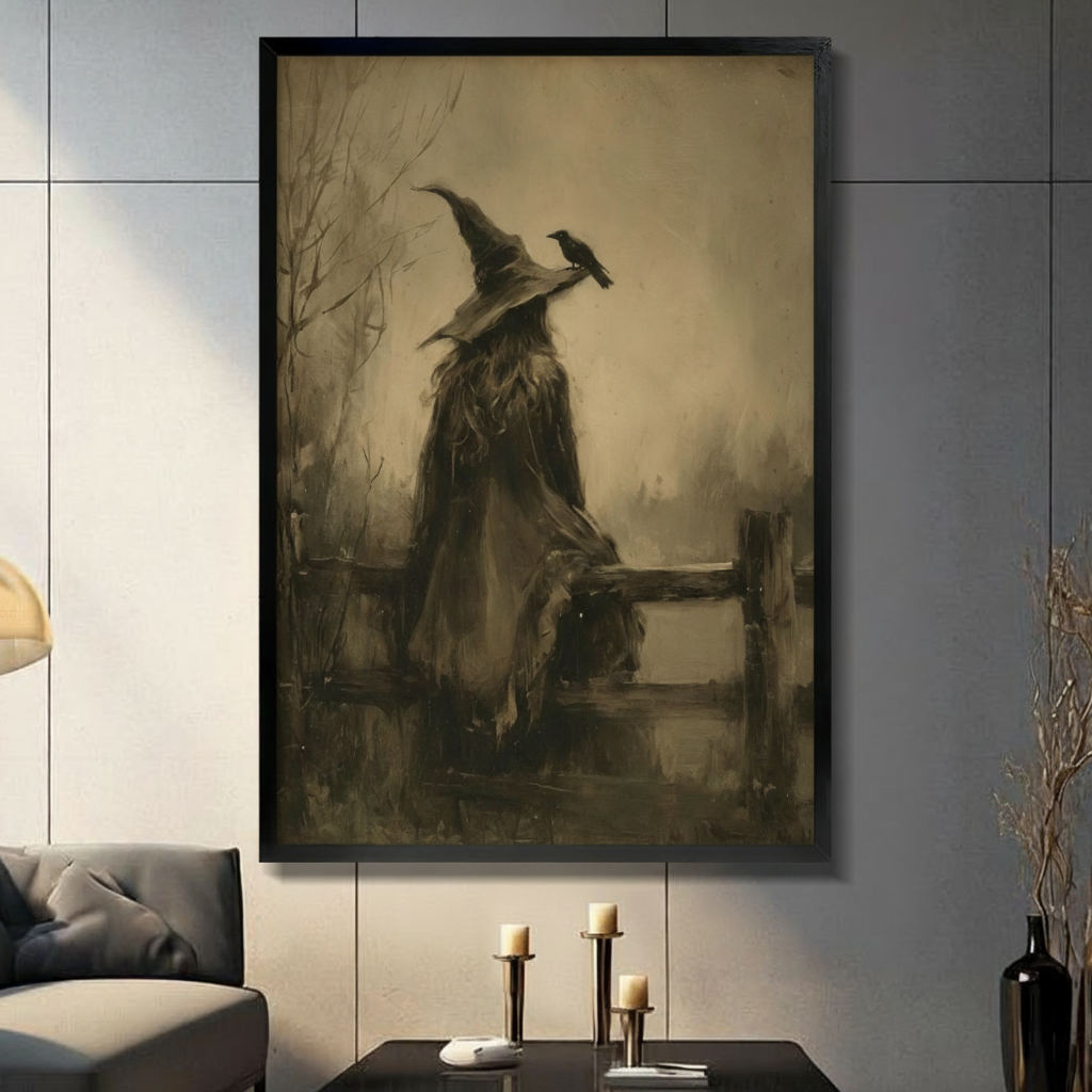 Gothic witch seated on rustic fence with raven black float frame canvas wall art on dark gray tile wall above console table with pillar candles and dried botanicals