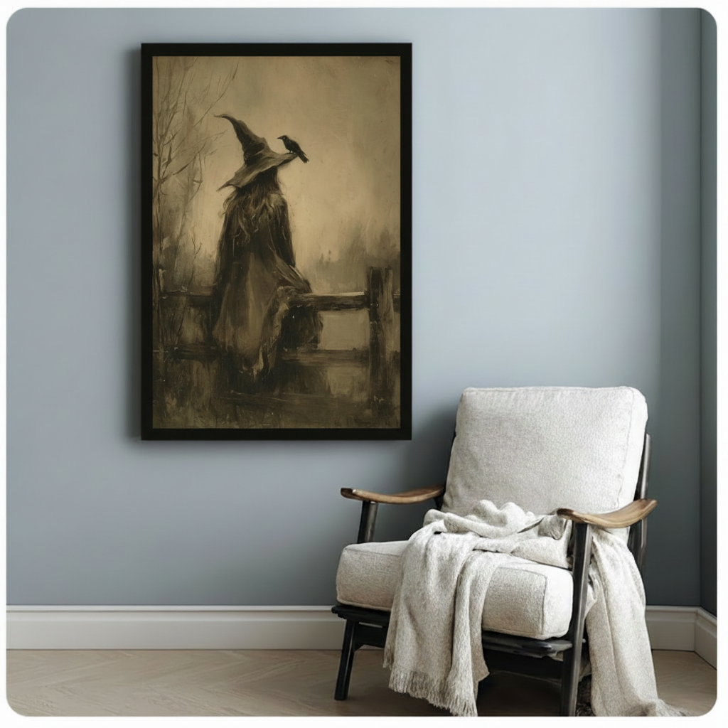 Gothic witch seated on fence with raven dark fantasy framed canvas art in black float frame on blue-gray wall beside white linen armchair with throw blanket