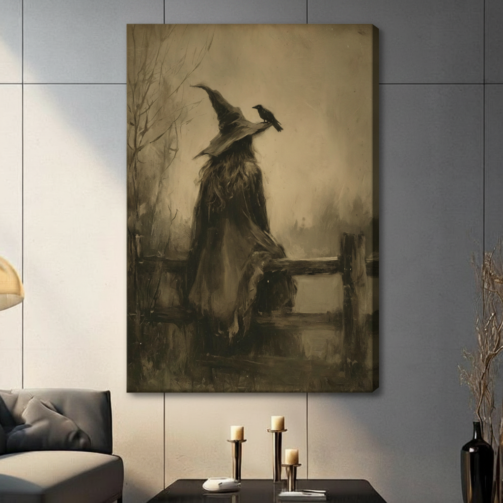 Gothic witch with raven on hat brim sepia sketch stretched gallery wrap canvas on dark gray tile wall above console table with pillar candles and black vase