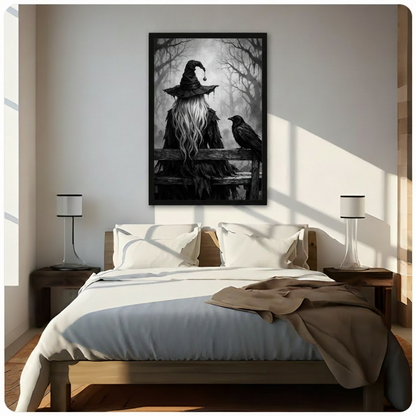 Moody gothic dark art painting of a hooded witch figure seen from behind with a worn wide-brim black hat bearing a dangling orb long flowing silver-white hair and a tattered feathered cloak perched on a rustic wooden fence next to a black raven in a misty fog-filled forest of bare dark trees atmospheric black and white witch wall art framed print above a bedroom with white linen bedding and dark wood bedside tables