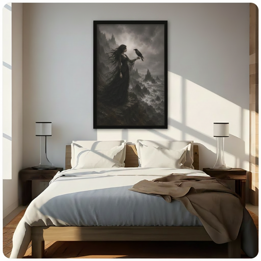 Framed gothic witch and raven canvas above bed in sunlit bedroom — dark fantasy wall art print, moody figure painting for bedroom decor
