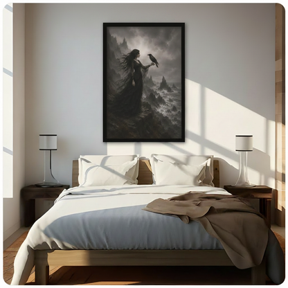 Framed gothic witch and raven canvas above bed in sunlit bedroom — dark fantasy wall art print, moody figure painting for bedroom decor
