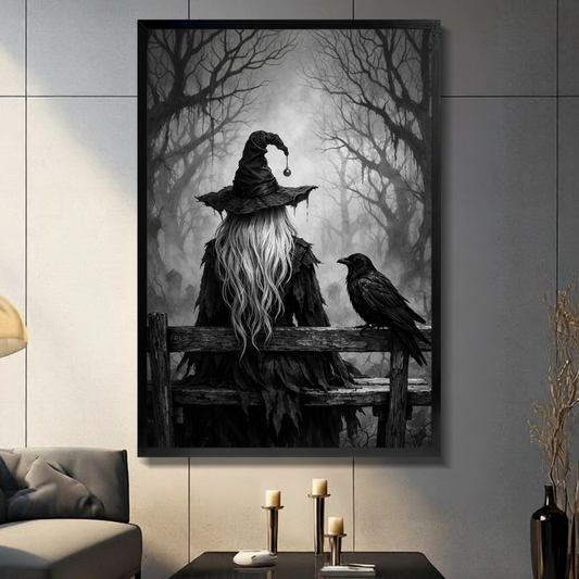 Moody gothic dark art painting of a mysterious witch from behind in a torn wide-brim black hat with a hanging black bead and a shredded black feathered cloak her long silver hair cascading down her back as she sits on a decaying wood rail beside a black raven that turns toward her surrounded by fog and skeletal winter trees striking black and white witch wall art framed print in a living room with dark gray panel wall dark sofa and black vase