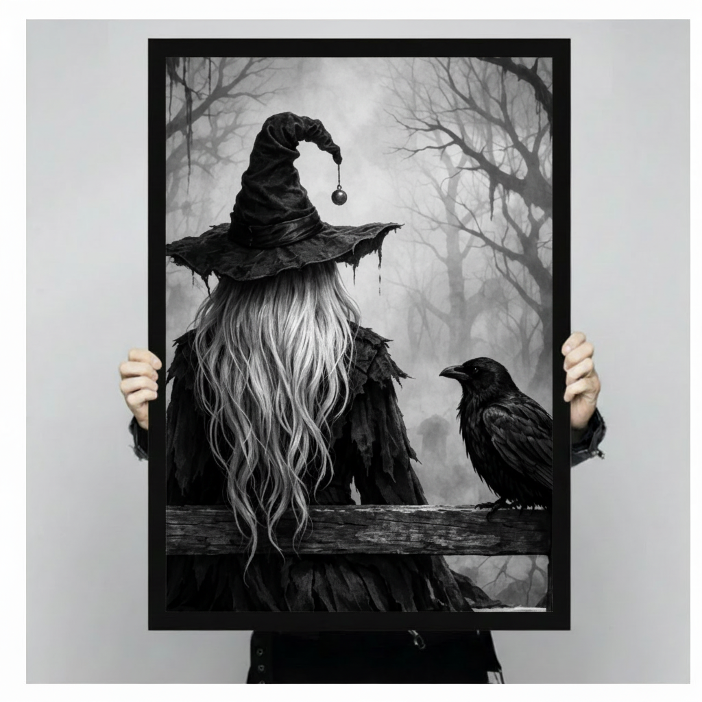 Moody gothic dark art painting of a mysterious witch from behind in a ragged black wide-brim hat with a hanging dark orb long cascading silver-white hair and a tattered feathered cloak sitting on a decayed wooden fence with a black raven perched close beside her turning to meet her gaze amid dense fog and bare dark winter trees haunting black and white witch wall art framed print held against a light gray background