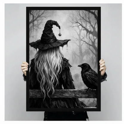 Moody gothic dark art painting of a mysterious witch from behind in a ragged black wide-brim hat with a hanging dark orb long cascading silver-white hair and a tattered feathered cloak sitting on a decayed wooden fence with a black raven perched close beside her turning to meet her gaze amid dense fog and bare dark winter trees haunting black and white witch wall art framed print held against a light gray background