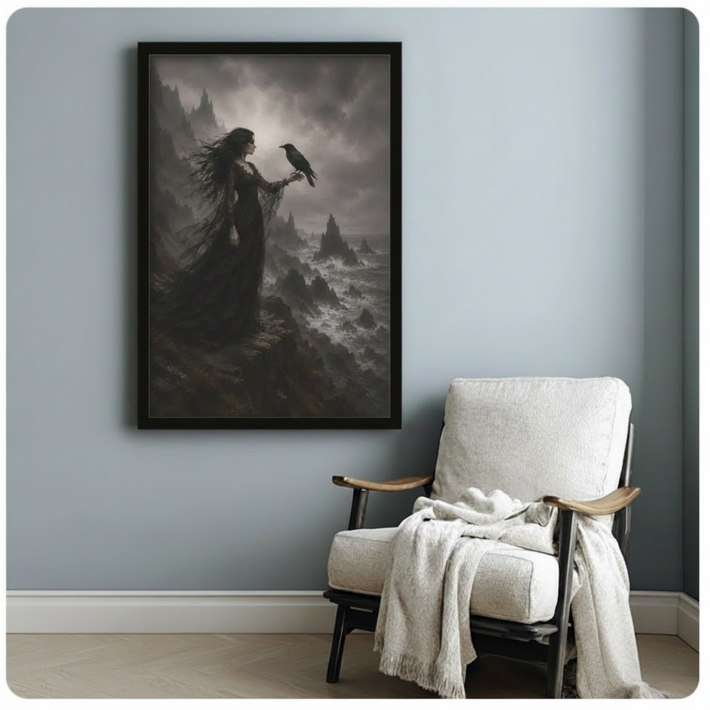 Framed gothic witch and raven art print on blue-grey wall beside armchair — dark fantasy figure painting, stormy ocean cliff scene