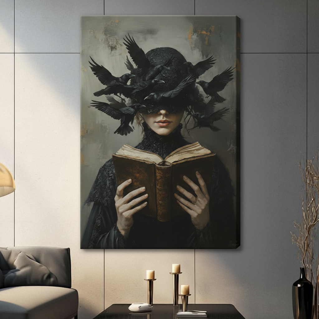 Dark academia witch surrounded by black ravens holding open grimoire canvas wall art print hanging in a contemporary living room with neutral gray tiled wall