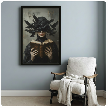 Mysterious witch with flock of ravens and ancient book framed art poster above a white linen lounge chair with a draped throw blanket against a soft blue-gray wall