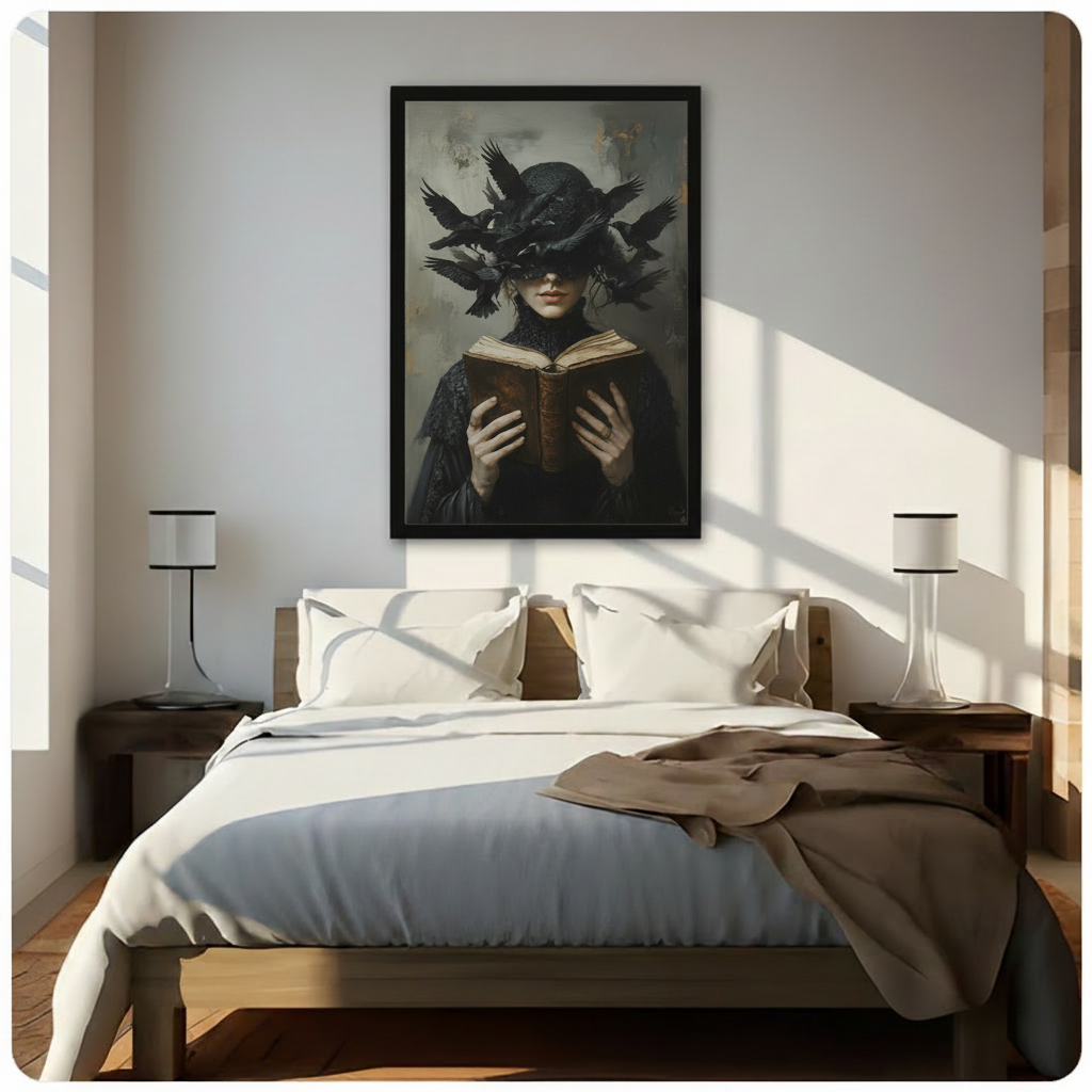 Gothic dark academia witch with ravens and spell book framed art print hanging above a modern bedroom bed with white linen bedding, dark wood nightstands, and minimalist table lamps