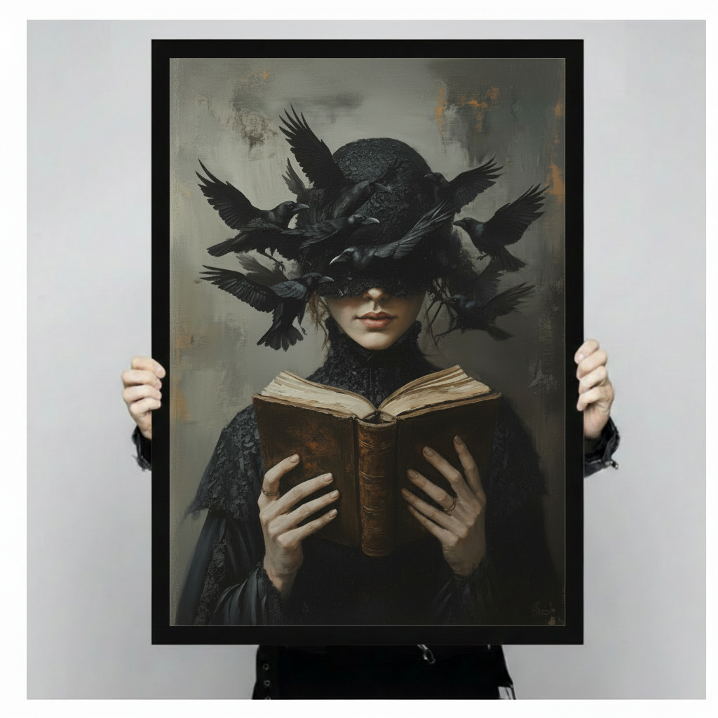 Dark gothic witch reading grimoire with black ravens swarming hat framed wall art print held up against a light gray neutral background