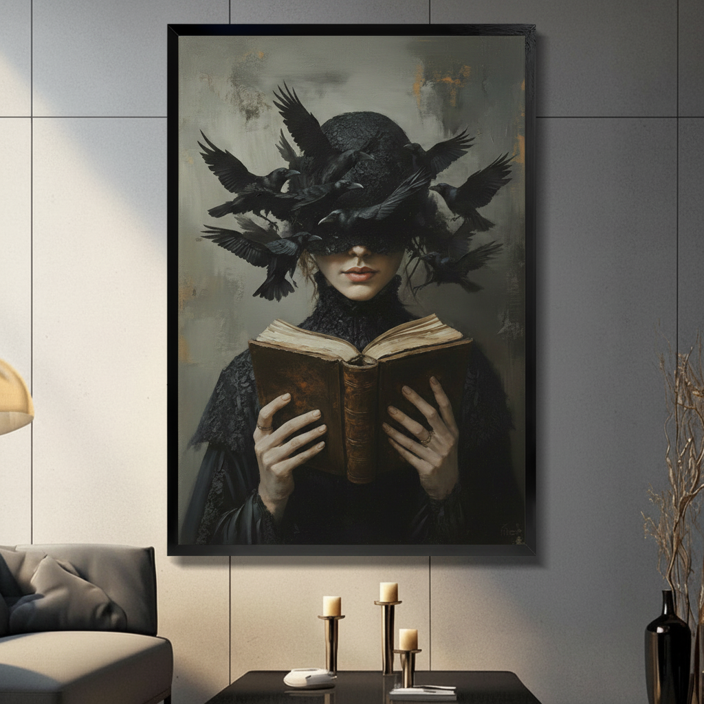 Gothic witch with ravens on hat reading ancient spell book framed wall art print displayed in a moody living room with gray sofa, gold candle holders, and black decorative vase
