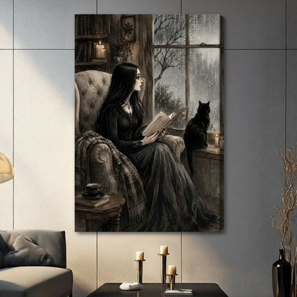 Gothic illustration of a pale young woman with long black hair and glasses in a black dress reading a book in a tufted armchair beside a rainy window with a black cat sitting on the windowsill surrounded by candles and a bookshelf in a dark cozy interior gothic wall art stretched canvas in living room with light gray panel wall and dark sofa