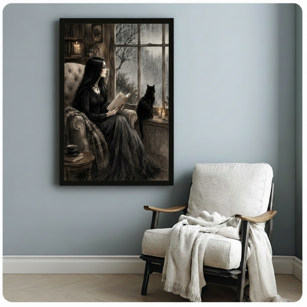 Gothic illustration of a pale young woman with long black hair and glasses in a black dress reading a book in a tufted armchair beside a rainy window with a black cat sitting on the windowsill surrounded by candles and a bookshelf in a dark cozy interior gothic wall art framed print beside white wood armchair on blue-gray wall