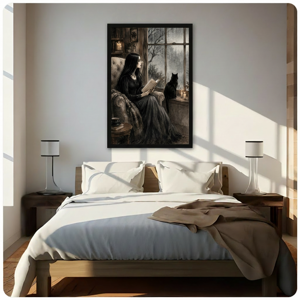 Gothic illustration of a pale young woman with long black hair and glasses in a black dress reading a book in a tufted armchair beside a rainy window with a black cat sitting on the windowsill surrounded by candles and a bookshelf in a dark cozy interior gothic wall art framed print above bedroom with white bedding and dark wood bedside tables