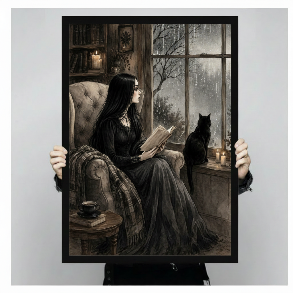 Gothic illustration of a pale young woman with long black hair and glasses in a black dress reading a book in a tufted armchair beside a rainy window with a black cat sitting on the windowsill surrounded by candles and a bookshelf in a dark cozy interior gothic wall art framed print held against light gray background