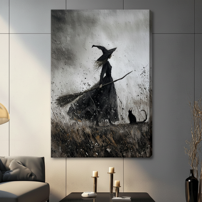 Stretched canvas gothic witch painting on dark tile wall — frameless gallery wrap wall art with visible canvas depth