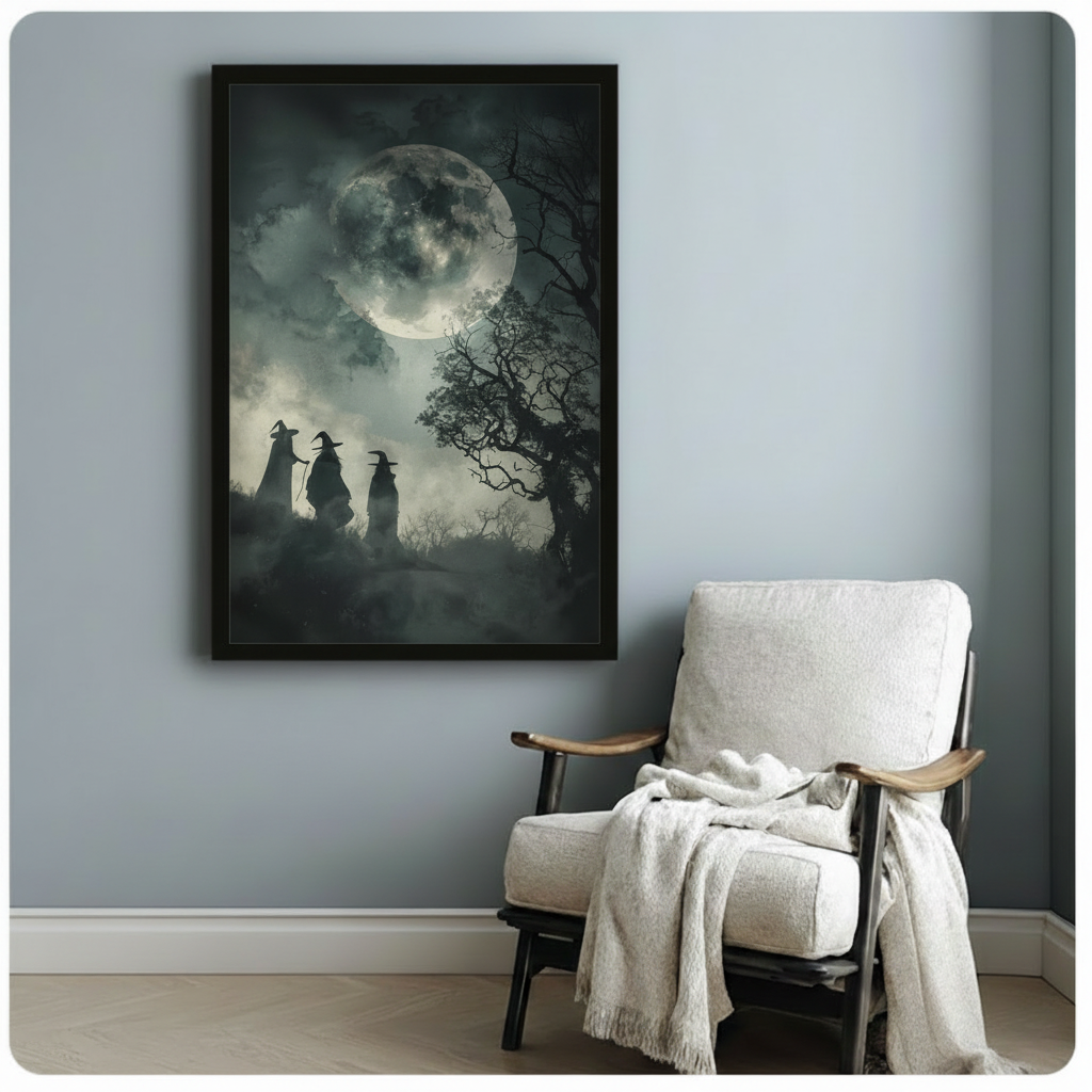 Dark gothic framed art print of three witches silhouetted against a massive full moon with misty forest atmosphere, displayed next to a white linen armchair