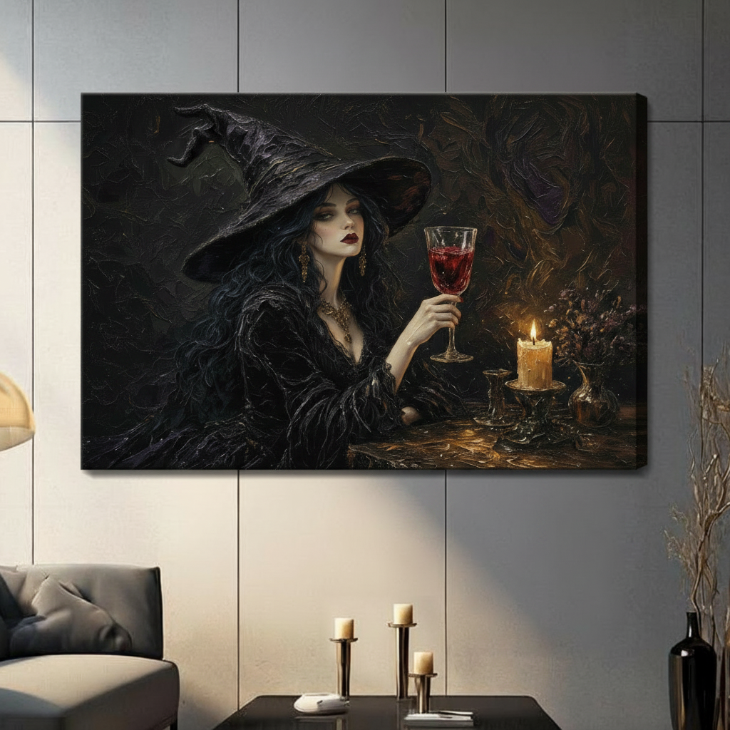 Gallery wrapped canvas of a dark femme fatale witch in black robes raising a crystal goblet of red wine beside a glowing candle, hung in a contemporary living space