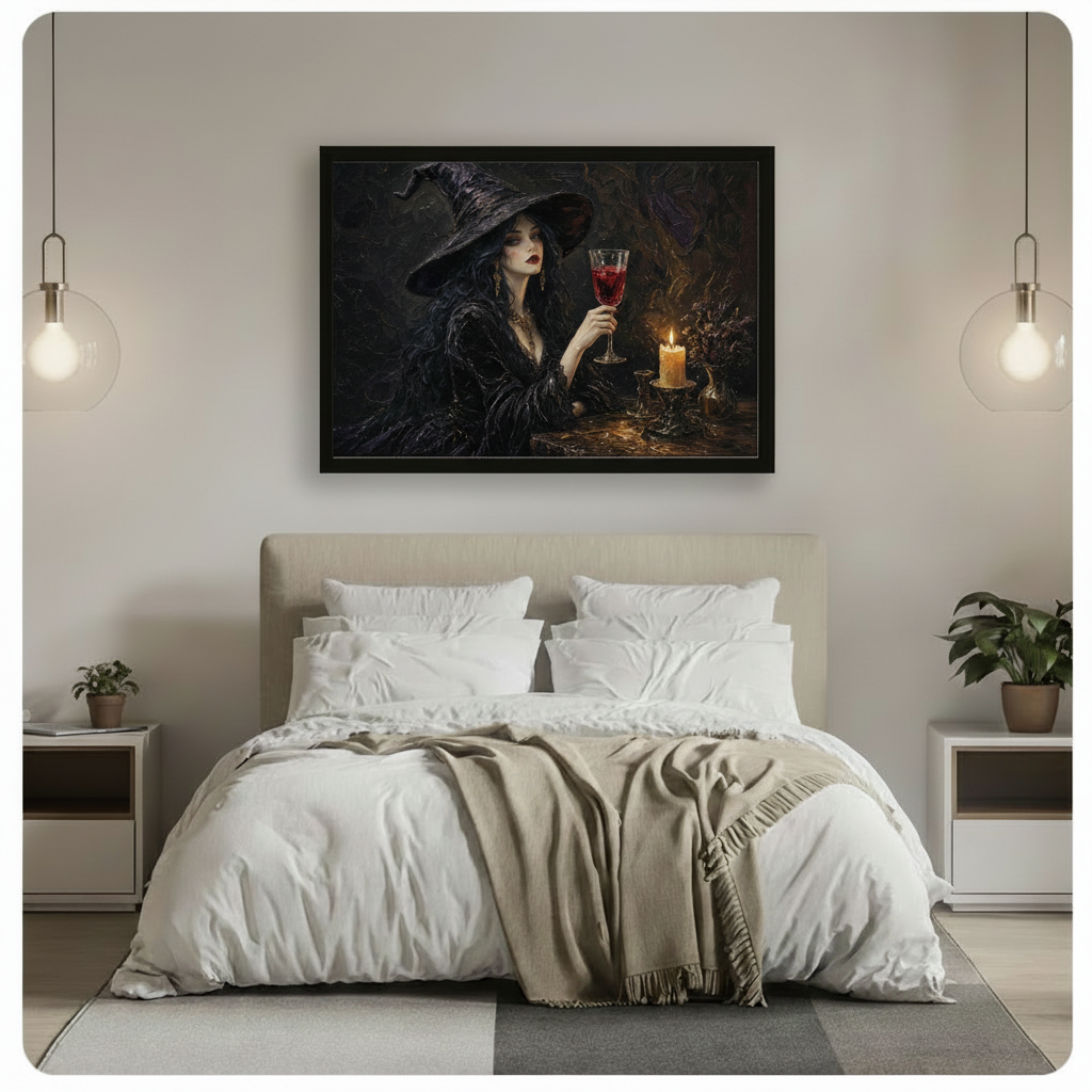 Moody gothic framed canvas print of a bewitching dark-haired woman in a witch hat with a red goblet and burning candle, styled above a white linen bed in a serene bedroom