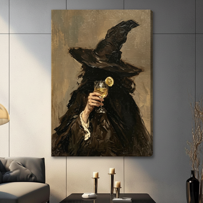 Mysterious witch with black pointed hat holding white wine glass with lemon slice dark oil painting canvas wall art print hanging in a contemporary living room with dark gray tiled wall and gray sofa