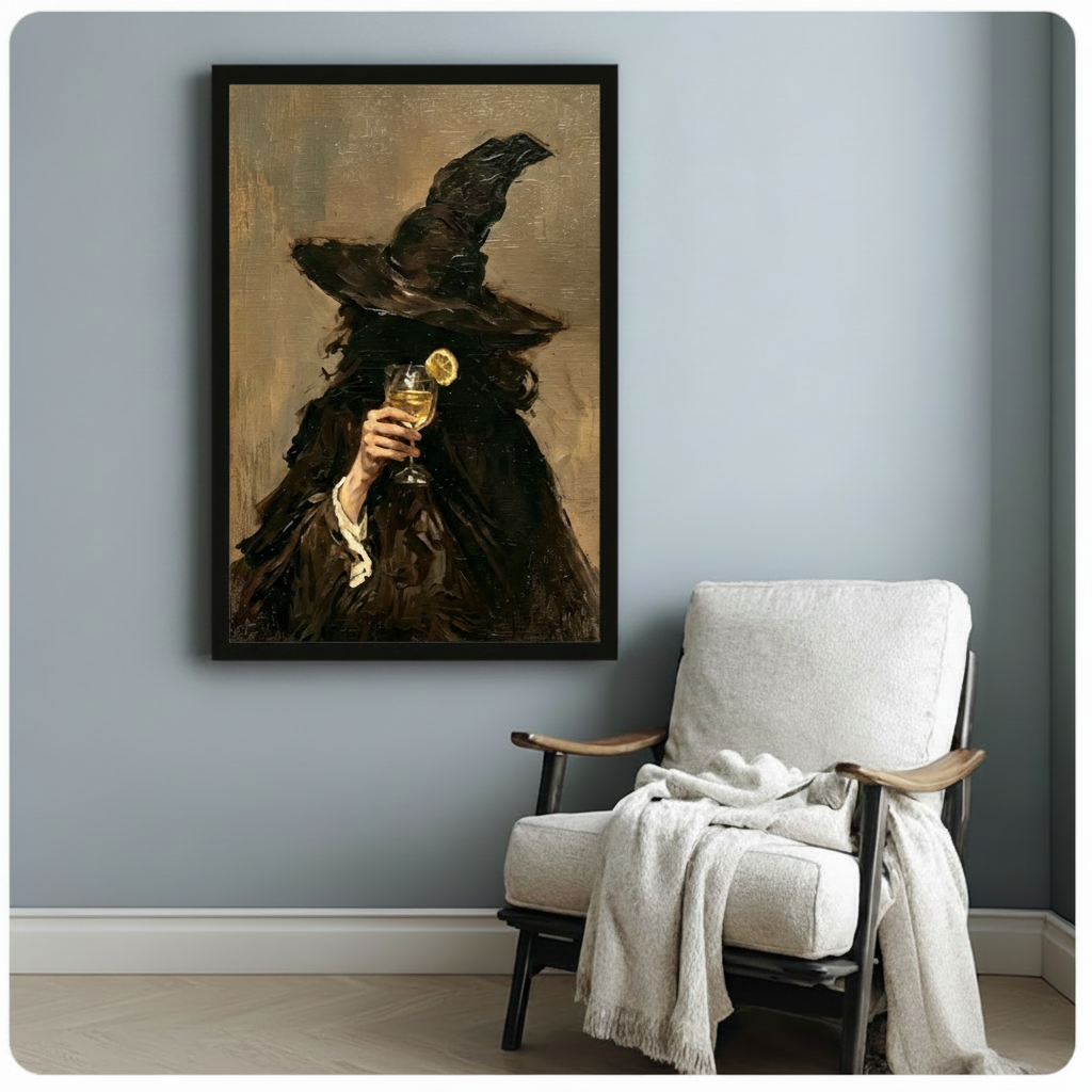 Dark academia faceless witch in black cloak and wide-brim hat toasting with lemon cocktail glass antique oil painting framed art poster displayed beside a wooden armchair with white draped throw blanket against a soft blue-gray wall