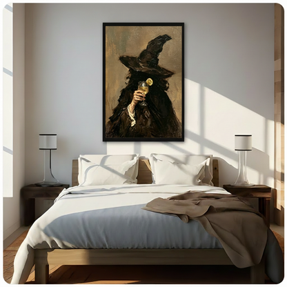 Gothic witch with black pointed hat and lemon wine glass dark oil painting framed wall art print hanging above a modern bedroom bed with white linen bedding, dark wood nightstands, and minimalist white table lamps