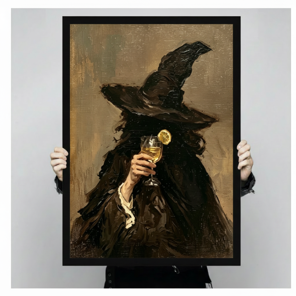 Moody gothic witch raising wine glass with lemon slice dark impasto oil painting style framed wall art print held up for size reference against a light gray neutral background