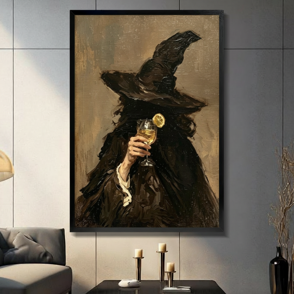 Gothic dark academia witch in black wide-brim hat and cloak raising a lemon wine glass oil painting framed wall art print displayed in a moody living room with gray sofa, pillar candle holders, and black decorative vas