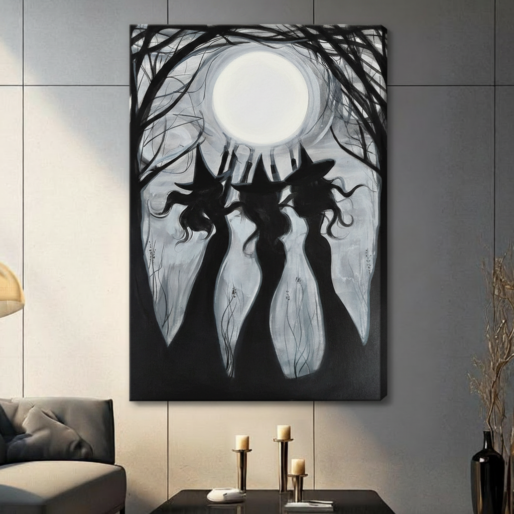 Gallery wrap stretched canvas of three witch silhouettes under a full moon with bare trees hung frameless on a dark gray wall above candlestick holders and black vase