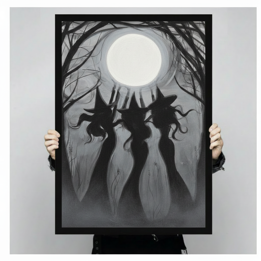 Hands in black sleeves holding a large black framed three witches full moon canvas art print against a neutral gray background, front-facing product size display